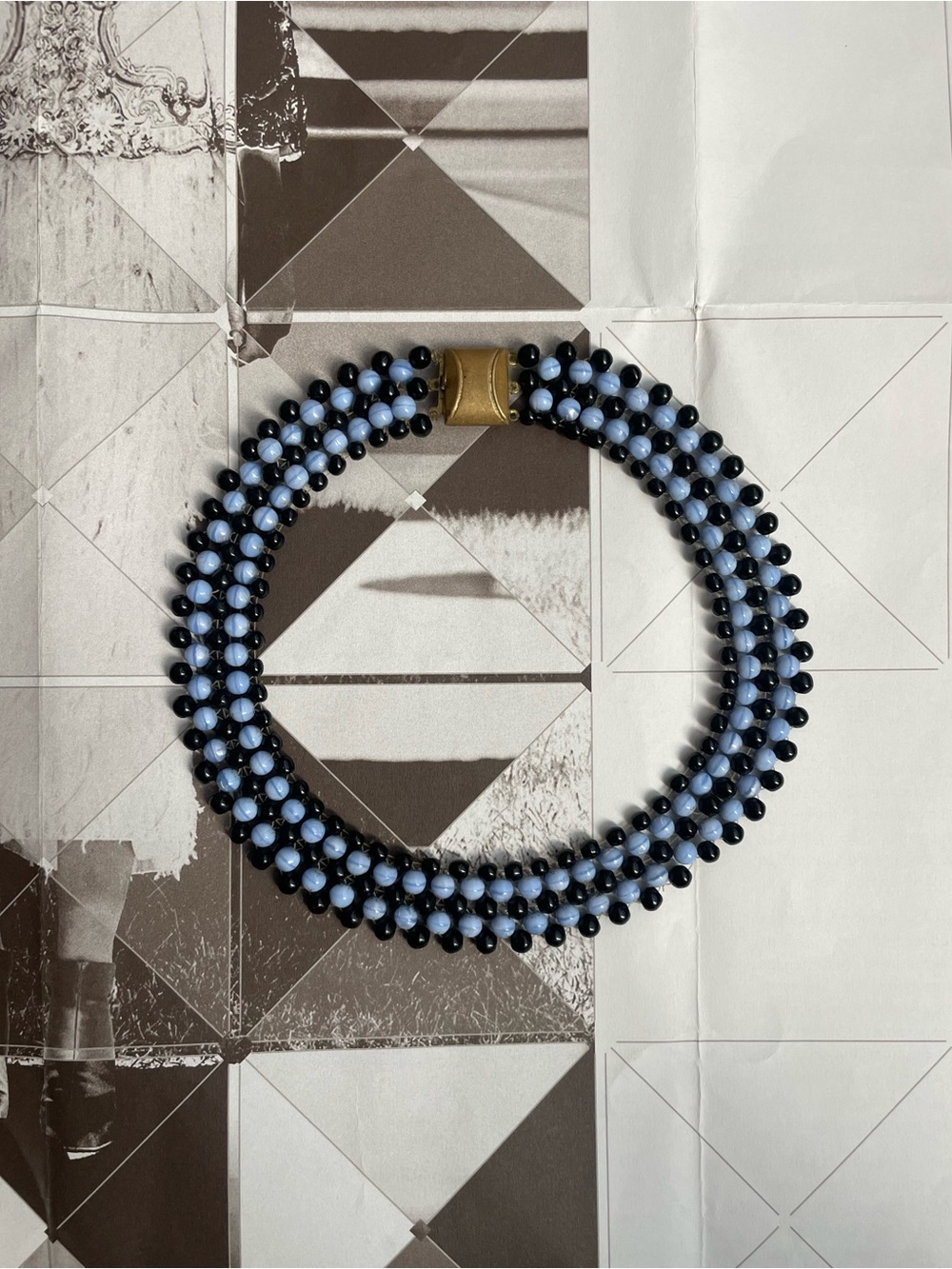 Triple-Strand Blue and Black Beaded Choker Necklace with Gold-Tone Clasp